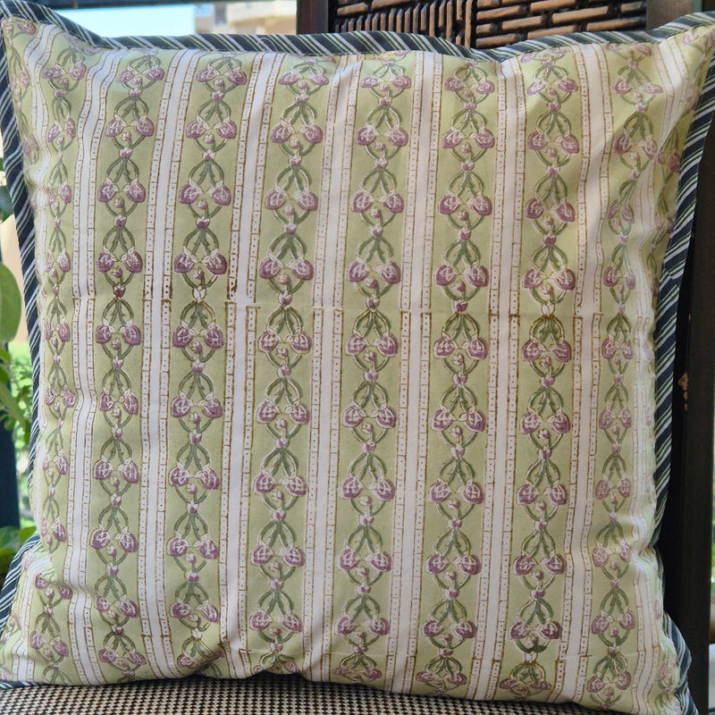Green Floral Print Hand Blocked Cushion Cover