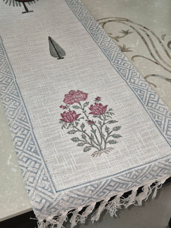 Blooming Cypress Hand Blocked Jute Table Runner