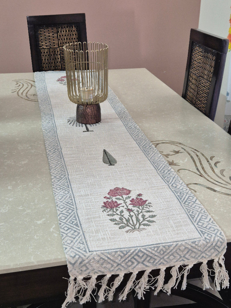Blooming Cypress Hand Blocked Jute Table Runner