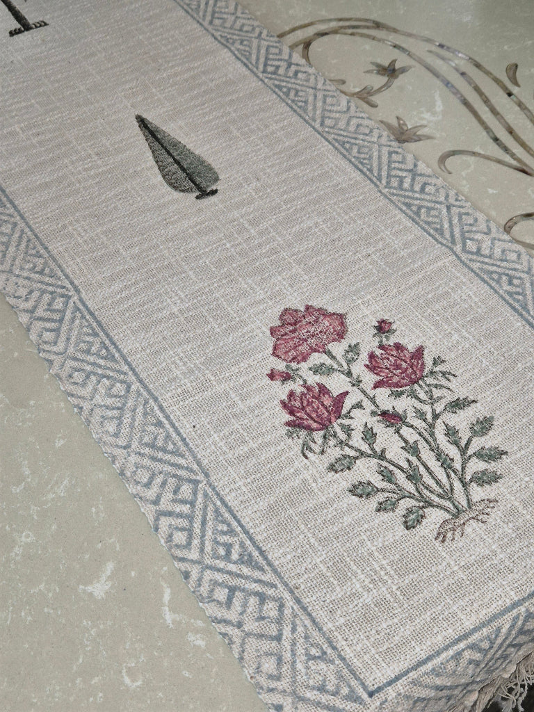 Blooming Cypress Hand Blocked Jute Table Runner