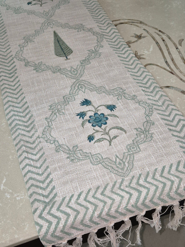 Cypress Floral Blend Hand Blocked Jute Table Runner