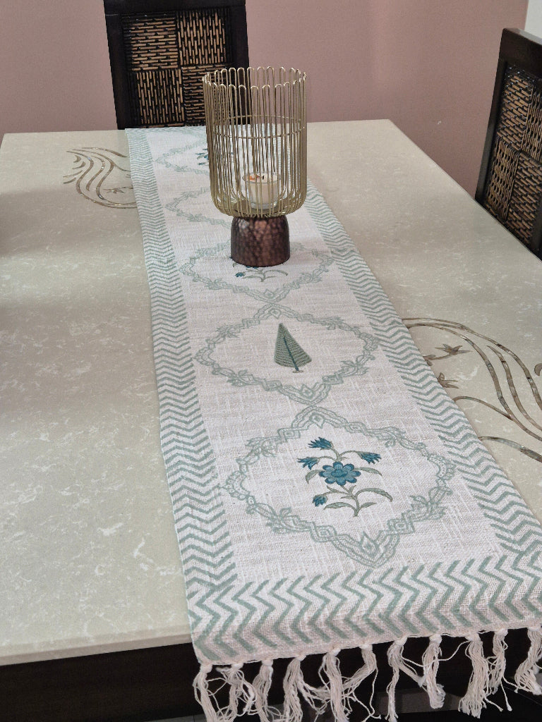 Cypress Floral Blend Hand Blocked Jute Table Runner