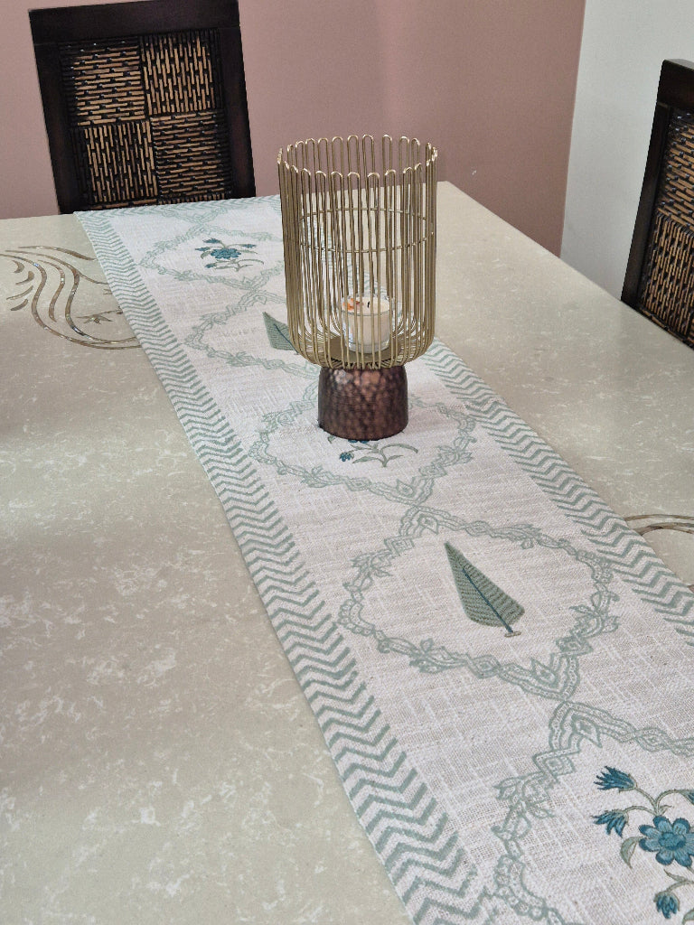 Cypress Floral Blend Hand Blocked Jute Table Runner