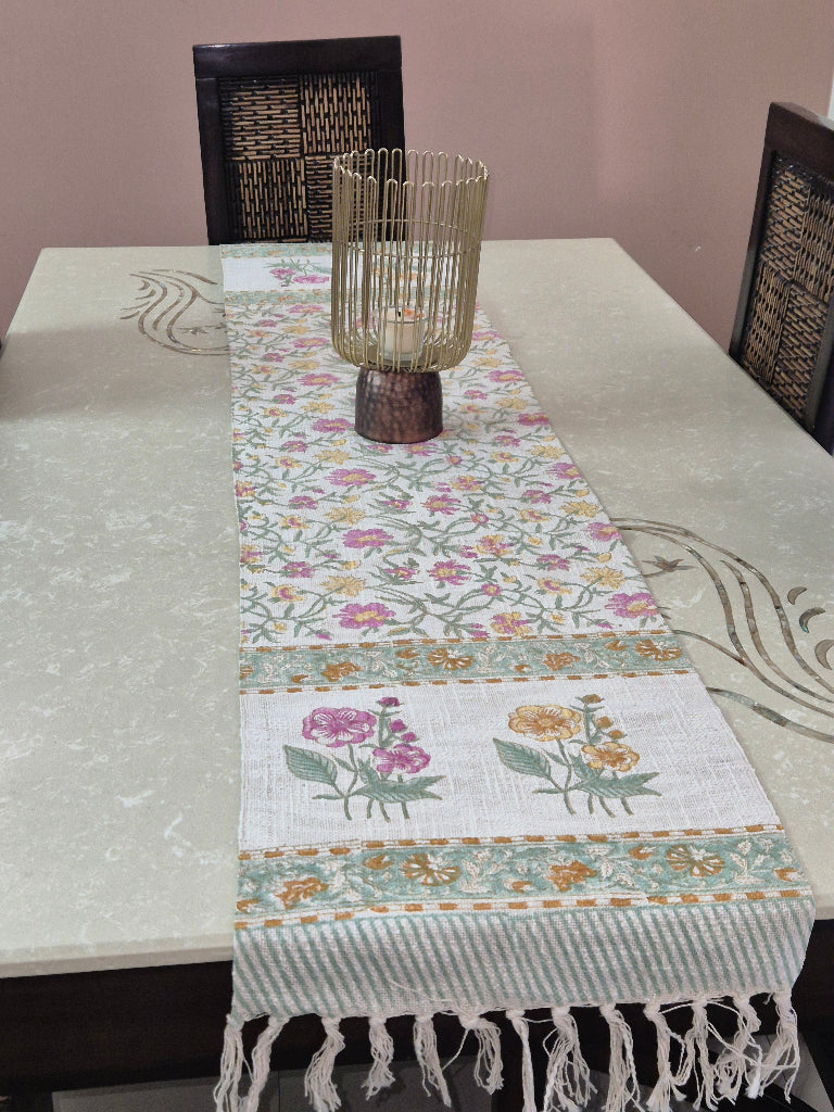 Blooming Garden Hand Blocked Jute Table Runner
