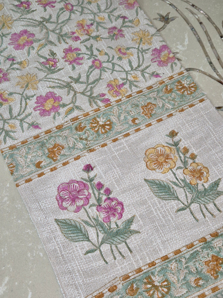 Blooming Garden Hand Blocked Jute Table Runner