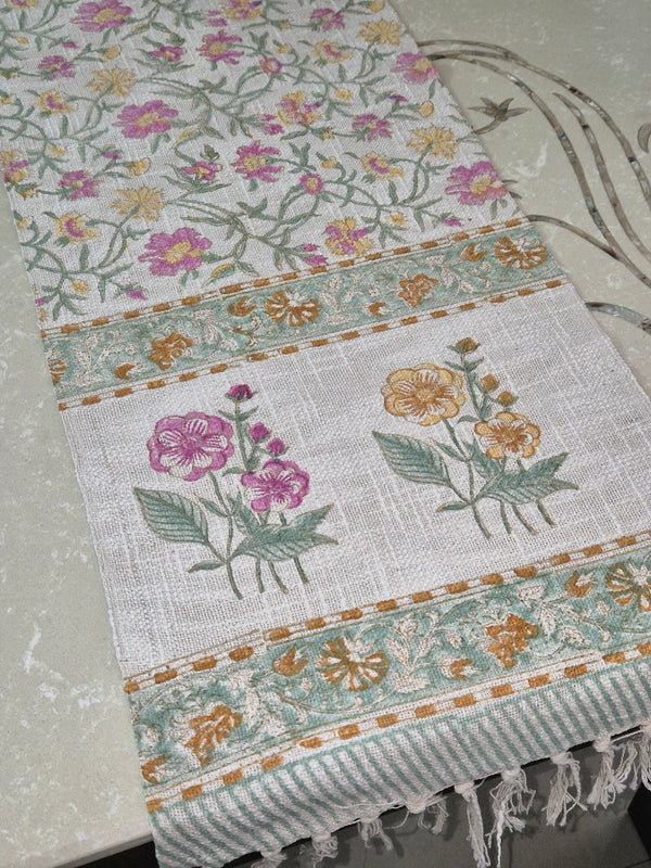 Blooming Garden Hand Blocked Jute Table Runner
