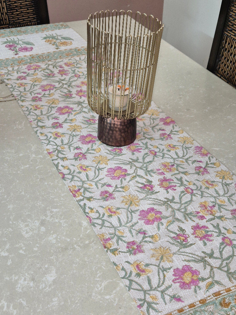 Blooming Garden Hand Blocked Jute Table Runner