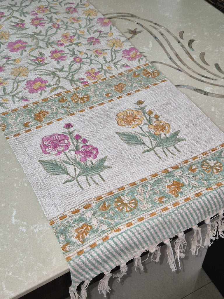 Blooming Garden Hand Blocked Jute Table Runner
