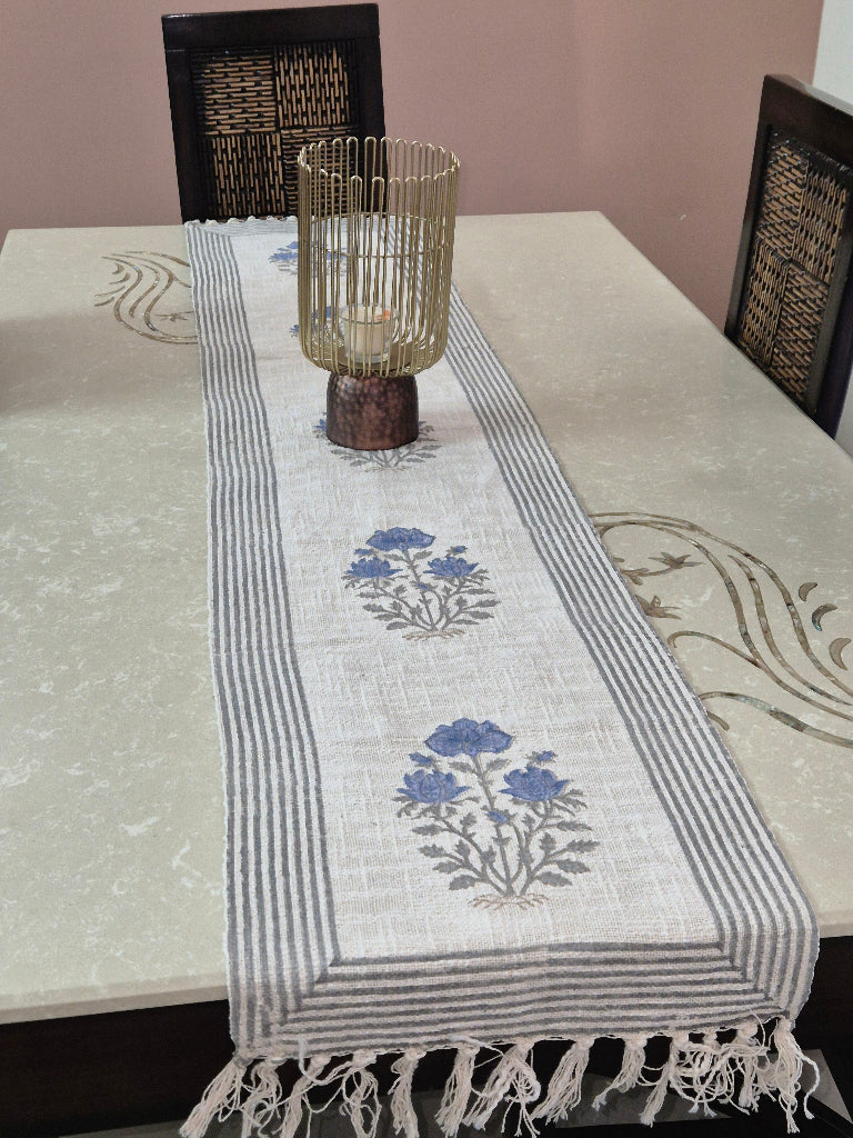 Blue Charm Hand Blocked Jute Table Runner