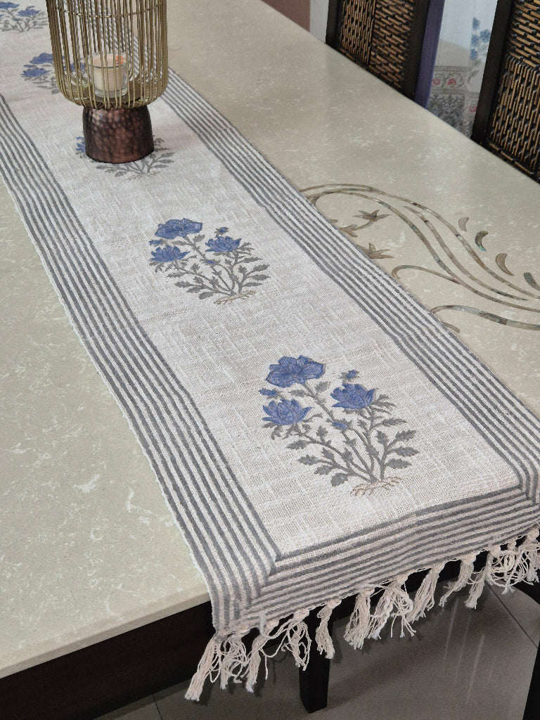 Blue Charm Hand Blocked Jute Table Runner