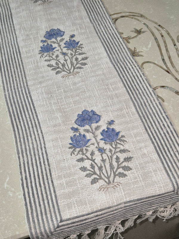 Blue Charm Hand Blocked Jute Table Runner