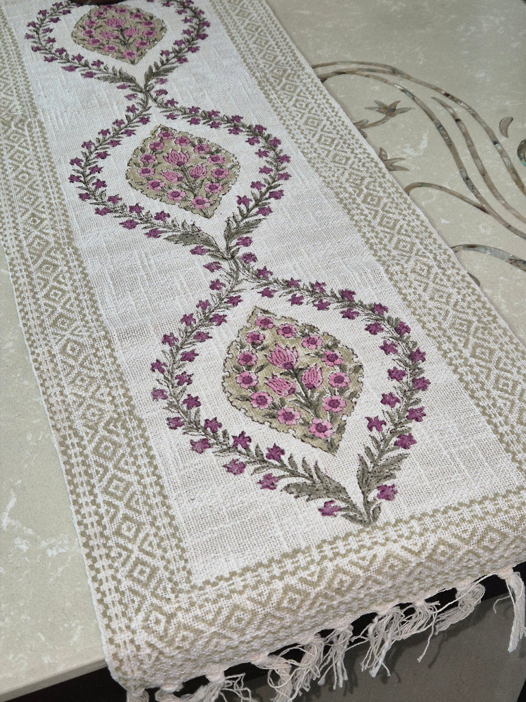 Floral Artwork Hand Blocked Jute Table Runner