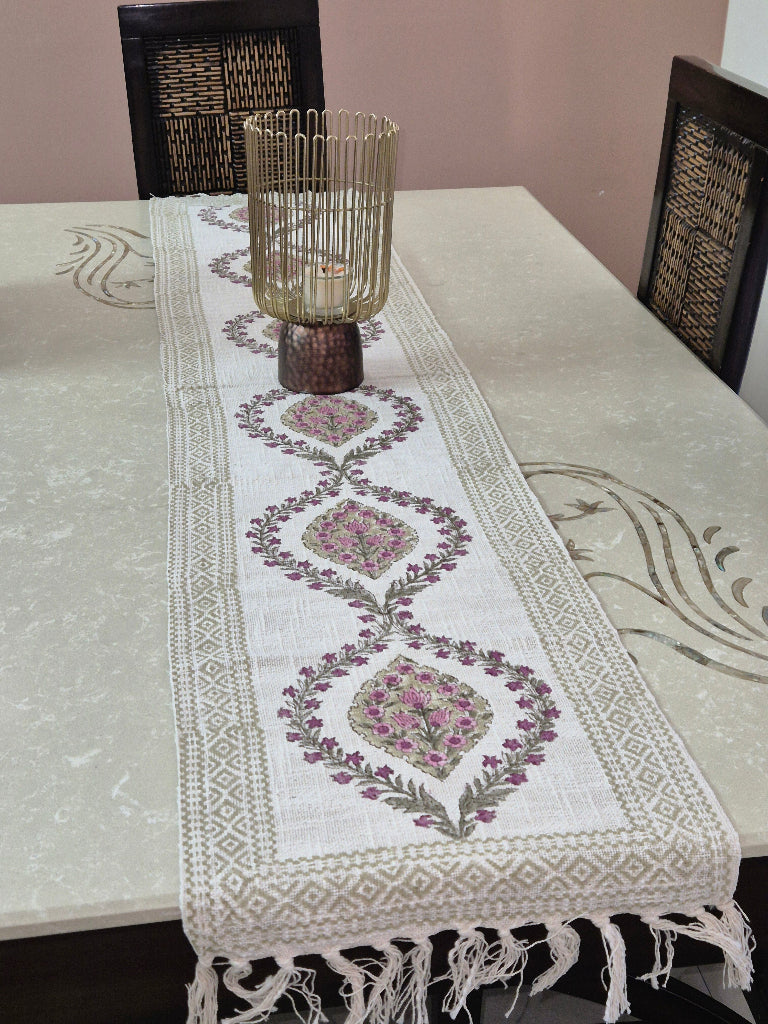 Floral Artwork Hand Blocked Jute Table Runner