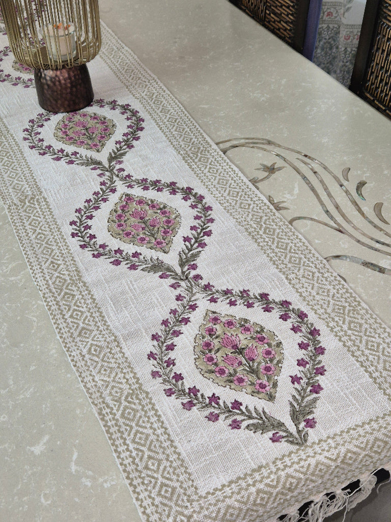 Floral Artwork Hand Blocked Jute Table Runner