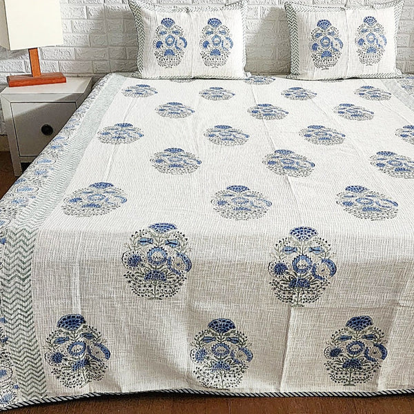 Jute Cotton Bed Cover Floral Hand-Blocked Pattern