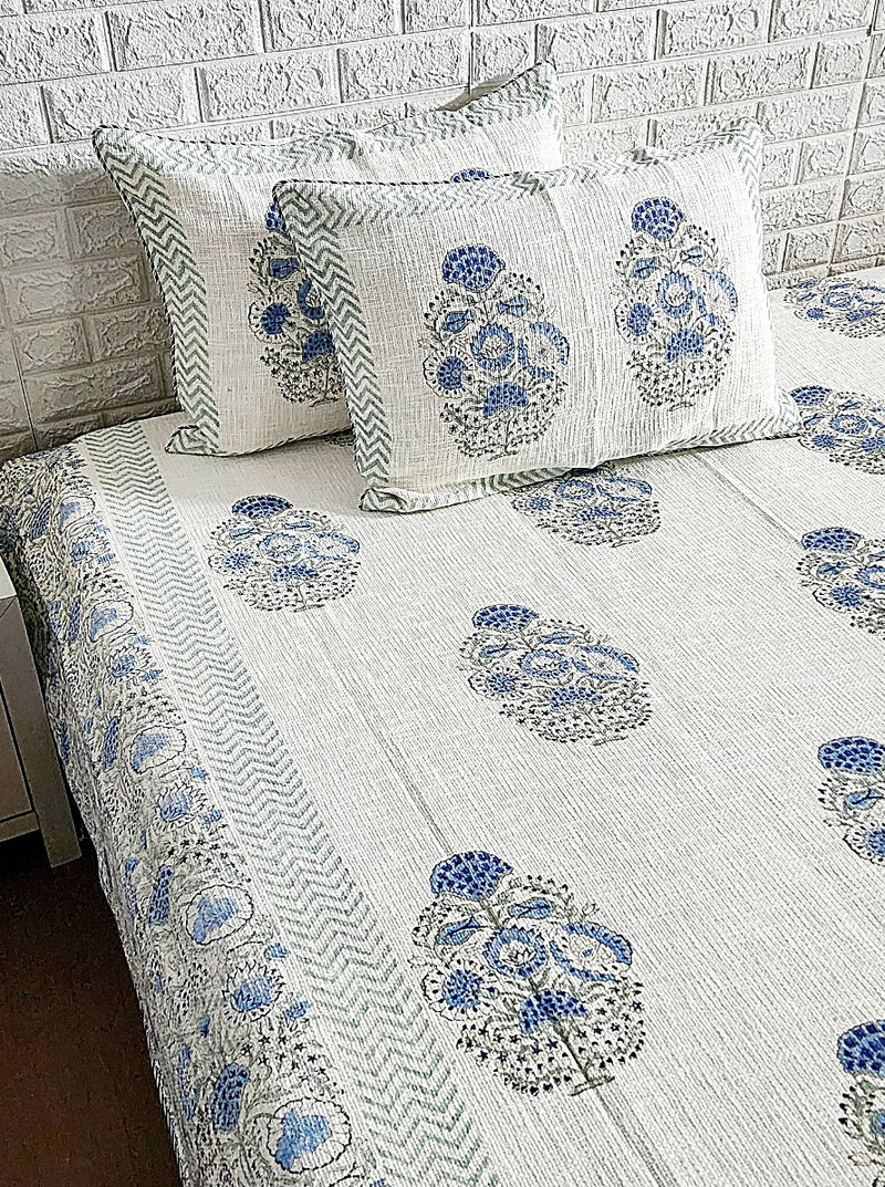 Jute Cotton Bed Cover Floral Hand-Blocked Pattern