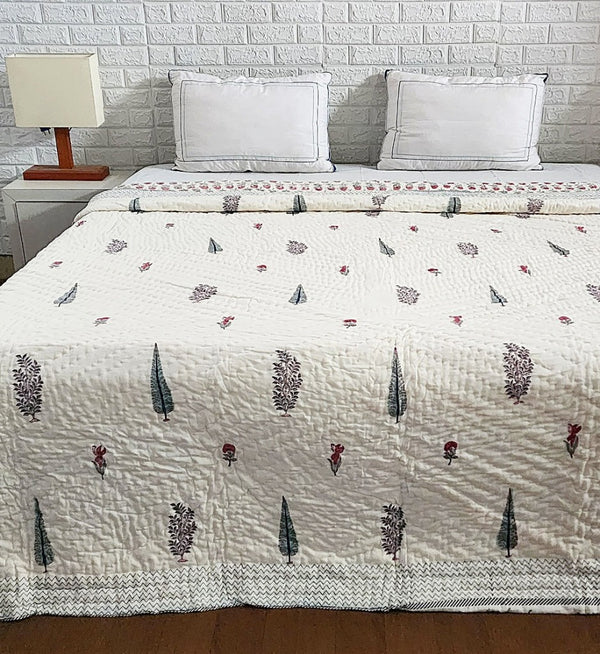 Cypress and Flower Motif Double Hand Blocked Quilt