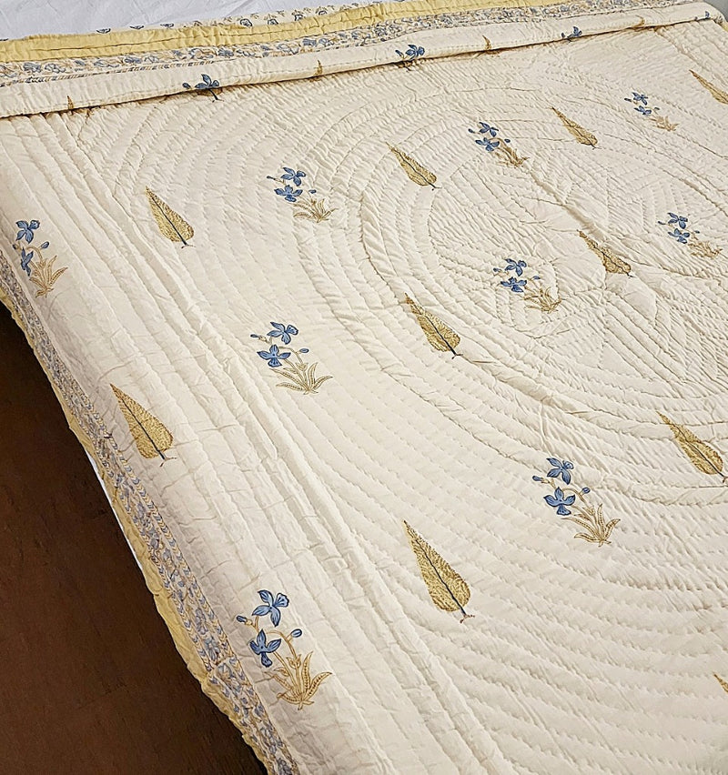 Beige Base Cypress and Floral Motif Hand Blocked Quilt