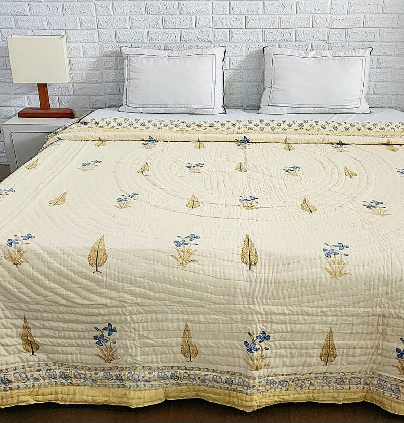 Beige Base Cypress and Floral Motif Hand Blocked Quilt