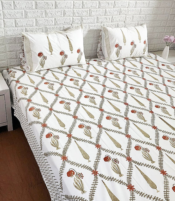 Leafy Floral Jaal Hand blocked Bedsheet