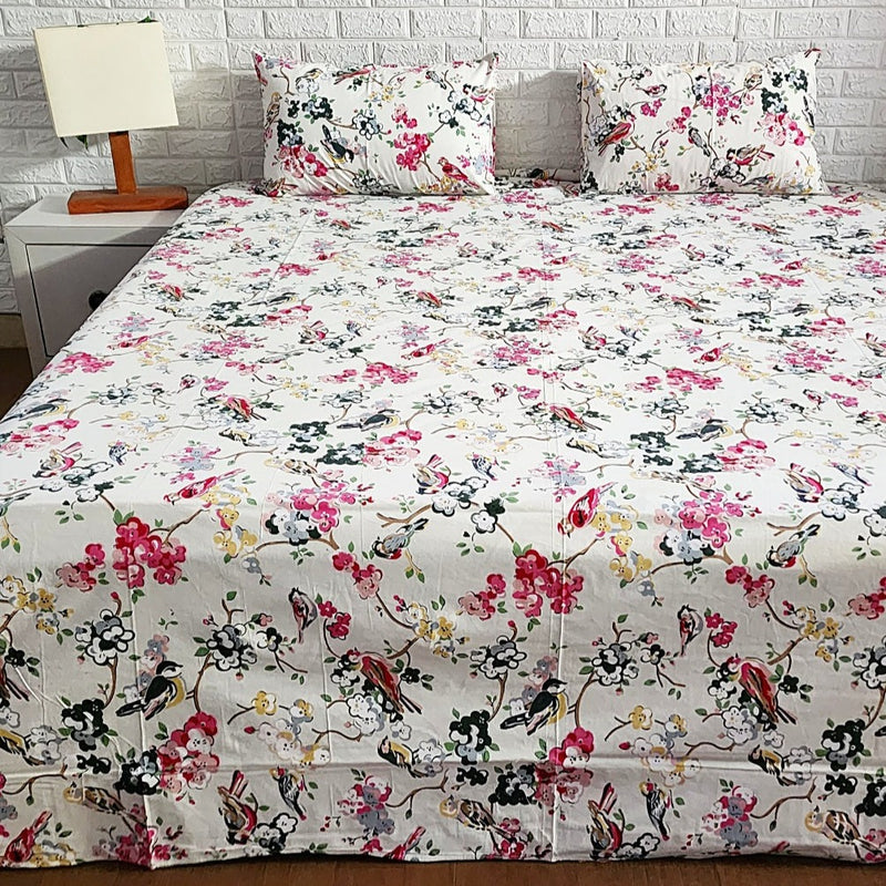 Pink Birds Love Floral Pattern Printed Bedsheet