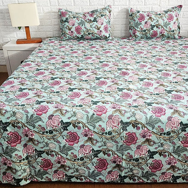 Green Floral Pattern Printed Bedsheet