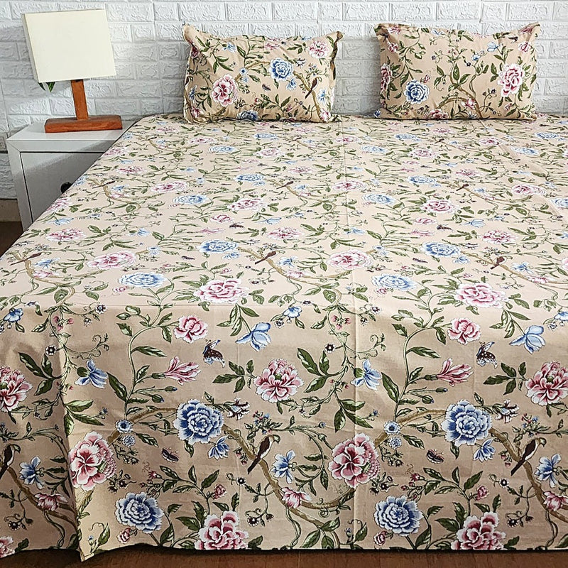 Beige Floral Pattern Blockprint Bedsheet