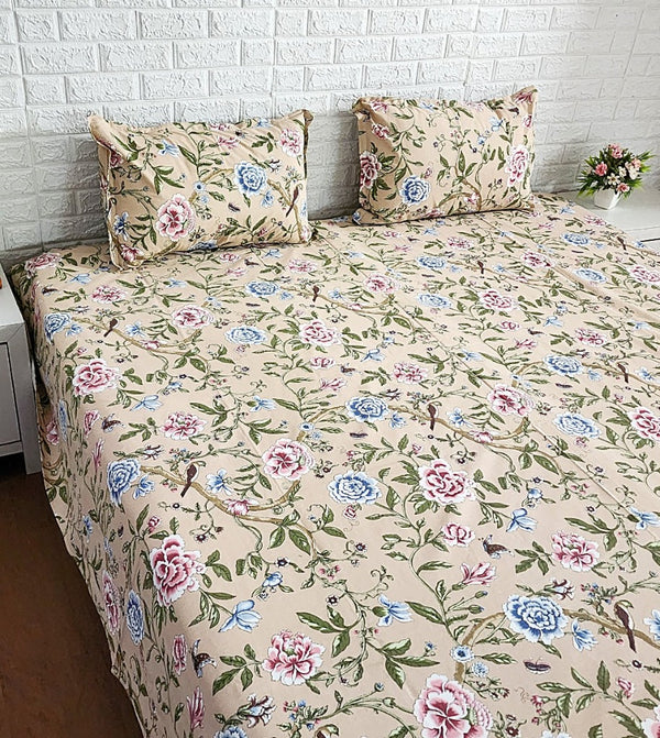 Beige Floral Pattern Blockprint Bedsheet