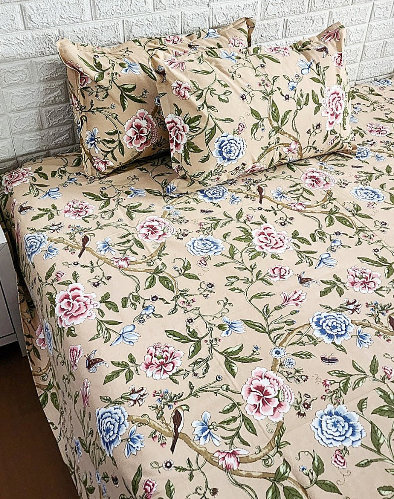 Beige Floral Pattern Blockprint Bedsheet