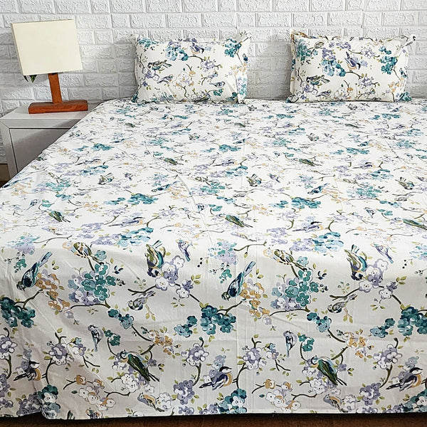Blue Birds Love Floral Pattern Printed Bedsheet