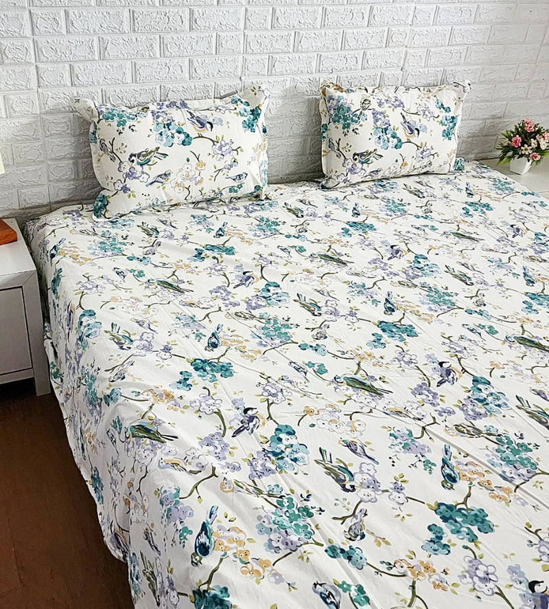 Blue Birds Love Floral Pattern Printed Bedsheet
