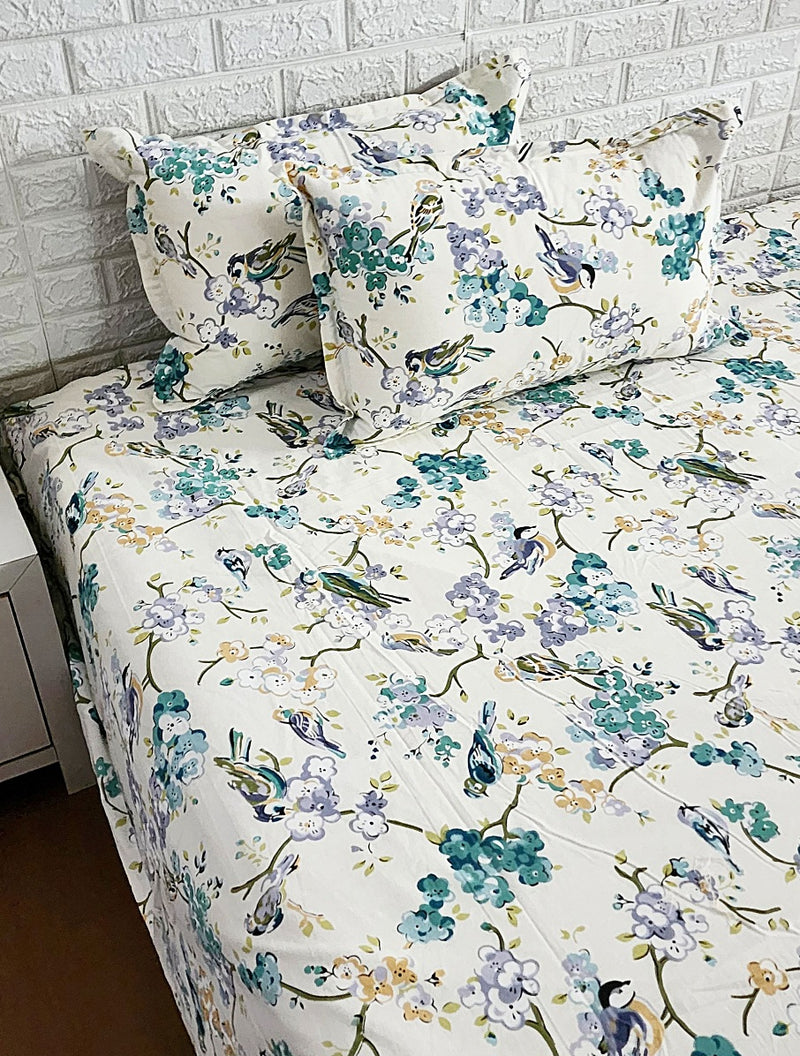Blue Birds Love Floral Pattern Printed Bedsheet