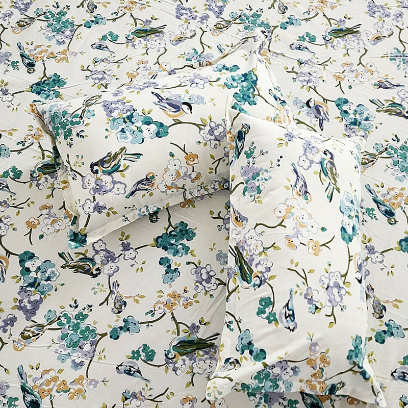 Blue Birds Love Floral Pattern Printed Bedsheet
