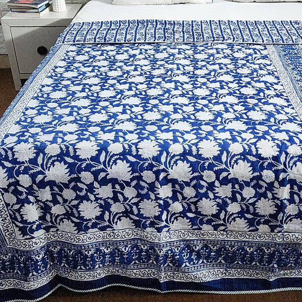 Blue and White Floral Print Single Hand Blocked Dohar