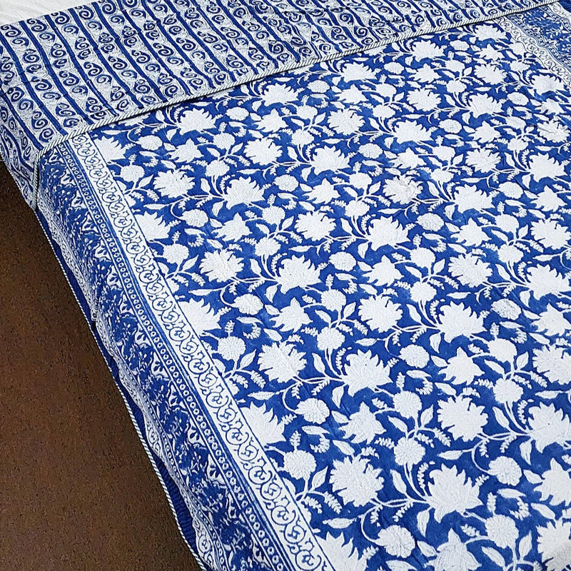 Blue and White Floral Print Single Hand Blocked Dohar