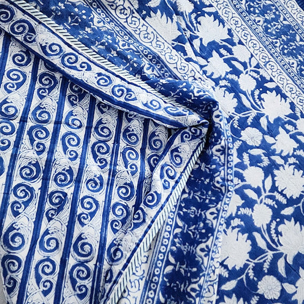 Blue and White Floral Print Single Hand Blocked Dohar