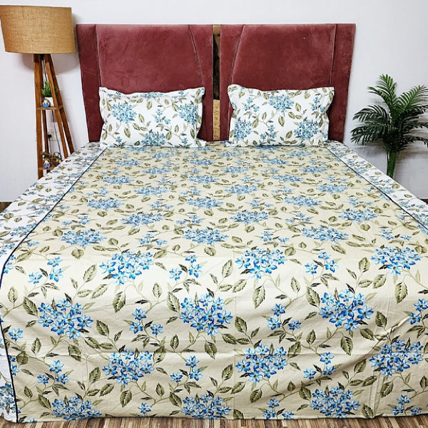 Beige Base Blue Floral Cotton Bedsheet