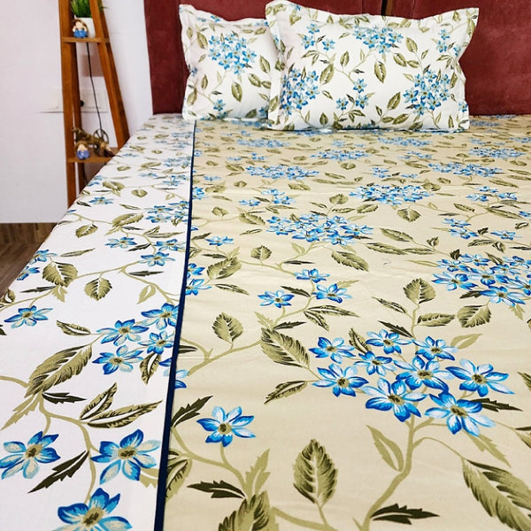 Beige Base Blue Floral Cotton Bedsheet
