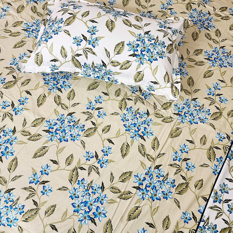 Beige Base Blue Floral Cotton Bedsheet