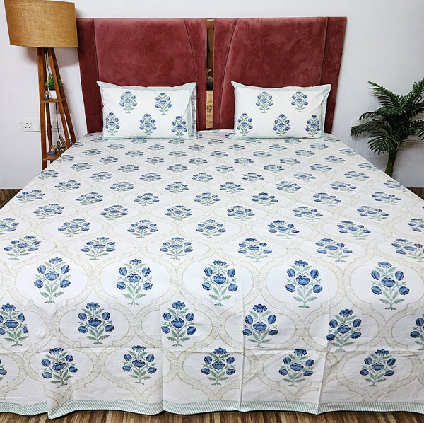 Blue Flower Motif Hand Blocked Bedsheet