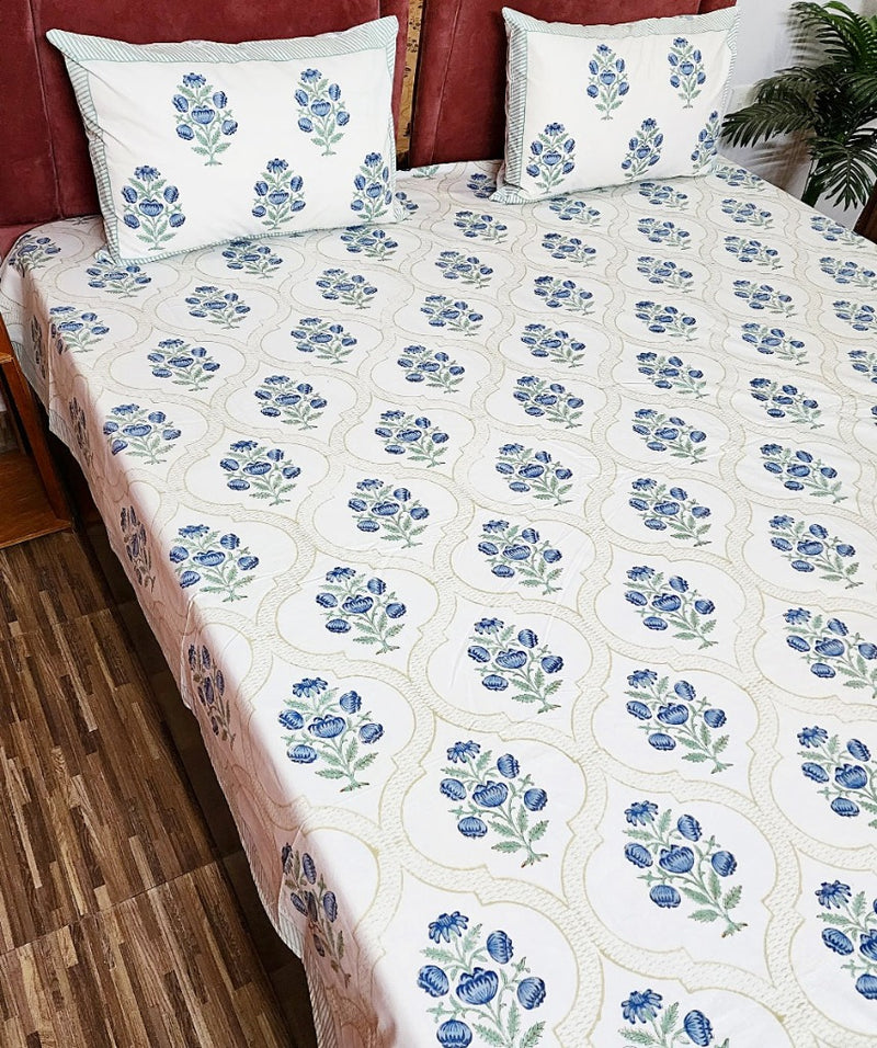Blue Flower Motif Hand Blocked Bedsheet