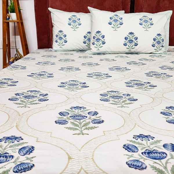 Blue Flower Motif Hand Blocked Bedsheet