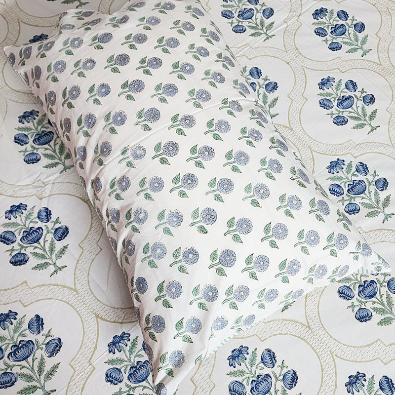 Blue Flower Motif Hand Blocked Bedsheet