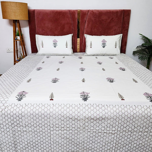 Flower and Cypress Motif Hand Blocked Bedsheet