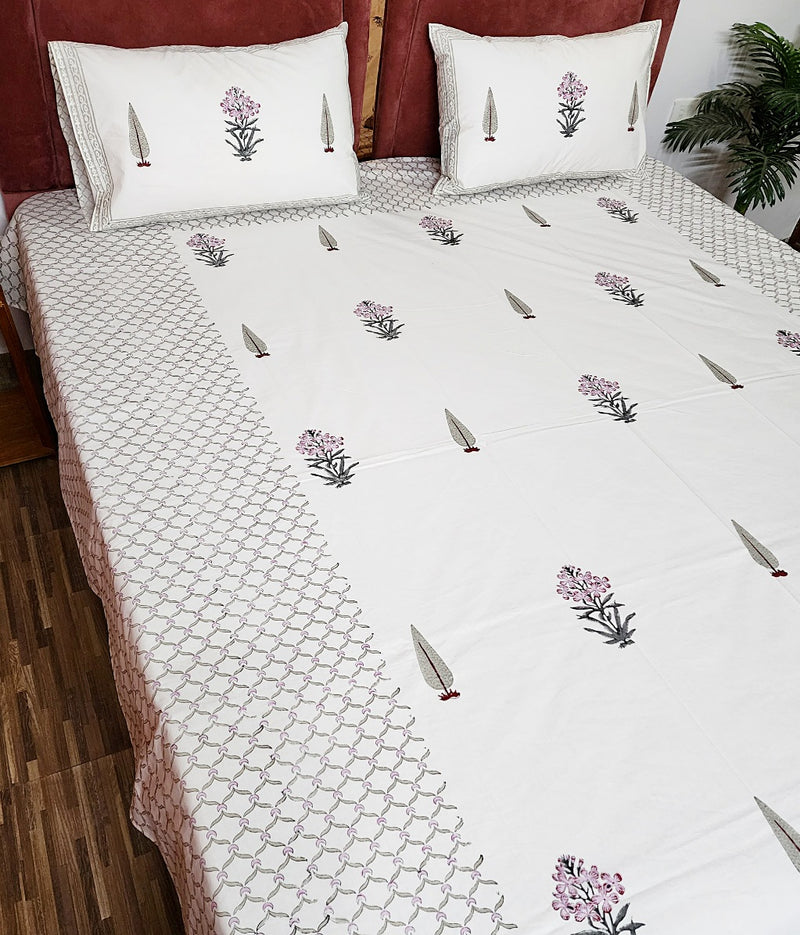 Flower and Cypress Motif Hand Blocked Bedsheet