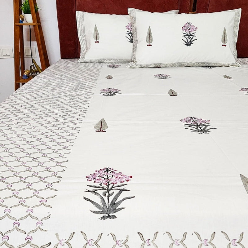 Flower and Cypress Motif Hand Blocked Bedsheet