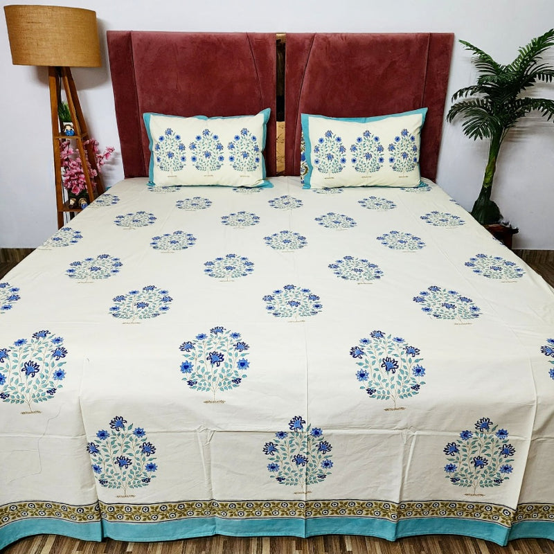 Blue Floral Beauty Hand Blocked Bedsheet