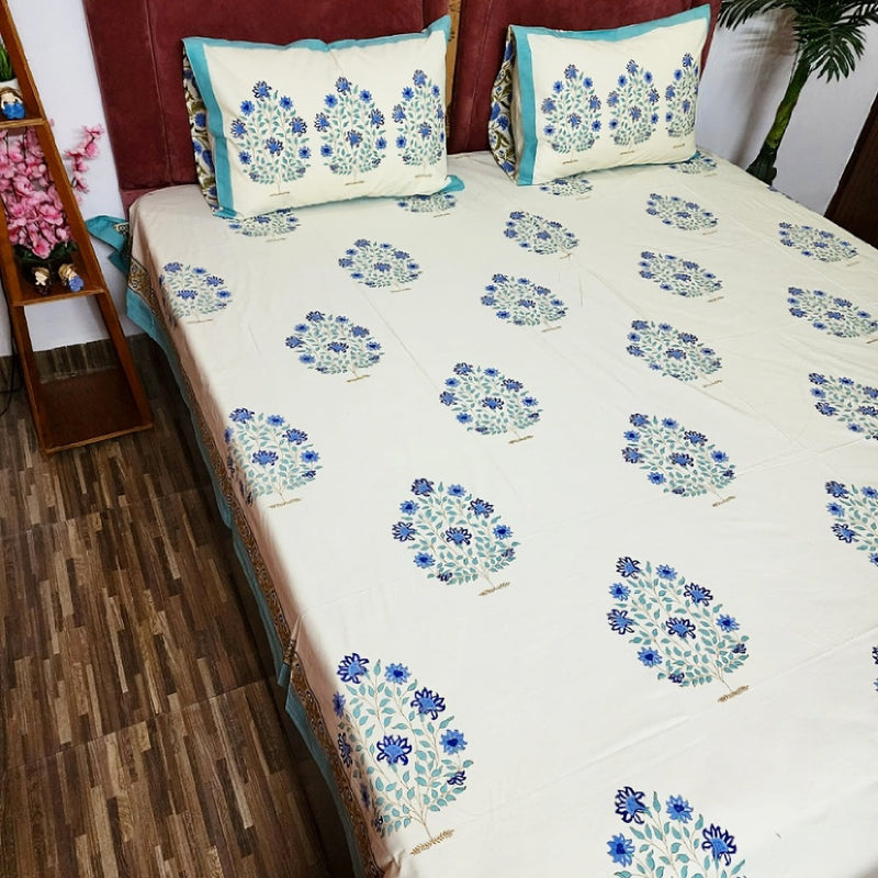 Blue Floral Beauty Hand Blocked Bedsheet