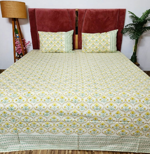 Yellow Love Hand Block Bedsheet