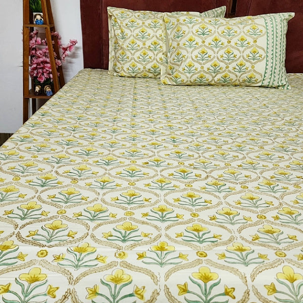 Yellow Love Hand Block Bedsheet